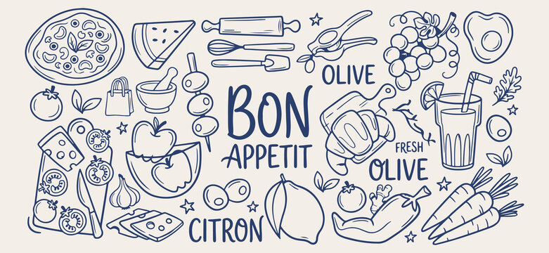 Gourmet restaurant menu doodle background, french cafe line art pattern, master chef sketch illustration, fine dining seamless texture, food appetizer icon set, kitchen cooking elements wallpaper, cel