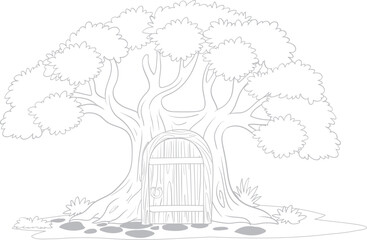Obraz premium Vintage Vector Illustration of Yoga Lotus Pose with Hand Drawn Tree in Sun Rustic Landscape Sketch Nature Art Retro Village Farm Design Set Frame Pattern