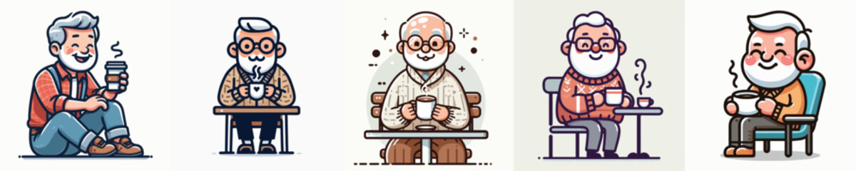 Obraz premium Cute cartoon grandpa set 2, elderly men daily activities, senior vector illustration