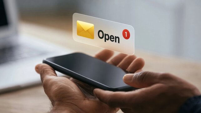 Close-up of hands holding smartphone with open email notification icon floating above digital communication concept