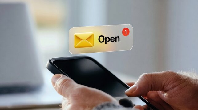 Person holding smartphone with email notification icon showing new unread message on screen in modern office environment with blurred background