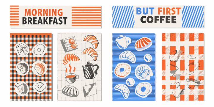 retro style breakfast and coffee illustrations on striped backgrounds croissant donut sandwich cup pitcher orange blue black