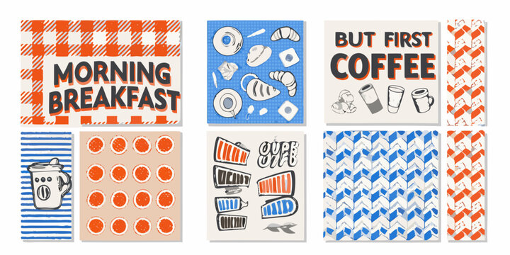 collection of ten retro style breakfast and coffee themed cards morning croissant donut mug pattern stripes checkered