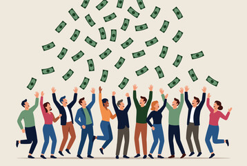 Obraz premium Cheerful group of diverse young people celebrating financial success and prosperity as green banknotes rain down from above.