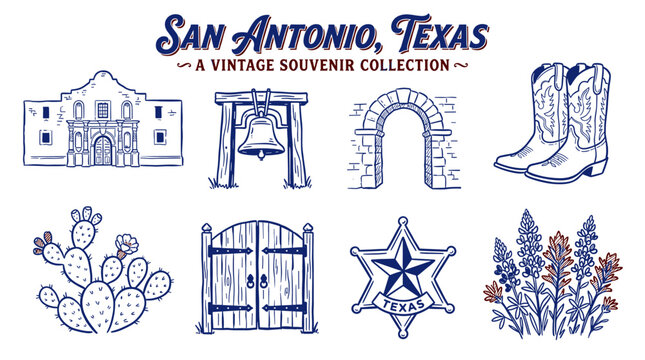 Vintage San Antonio Texas souvenir collection set of rustic western hand-drawn icons featuring Alamo for t-shirt design and travel branding.