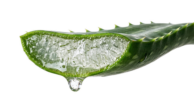 Fresh aloe vera leaf cross section with dripping clear gel, green succulent plant slice for skincare and cosmetics, medicinal herb on white background
