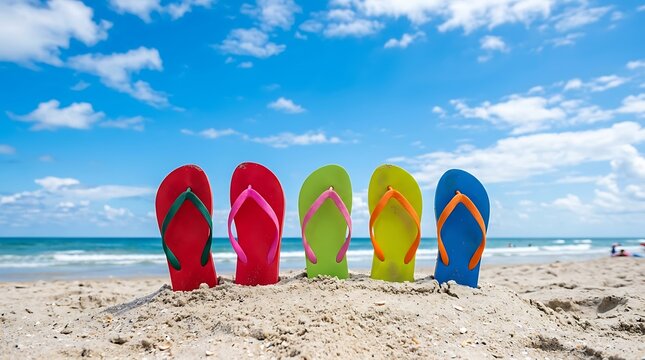 Colorful flip flops lined up on sandy beach. Vibrant summer footwear arranged on white sand near ocean. Vacation essentials for travel and leisure.