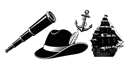 Nautical symbols with collection nautical themed icons black white white including telescope telescope hat feather sailing vessel illustration © Priyanka