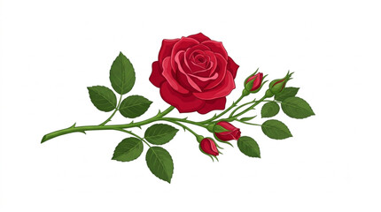 Naklejka premium Beautiful Red Rose Branch with Green Leaves and Buds