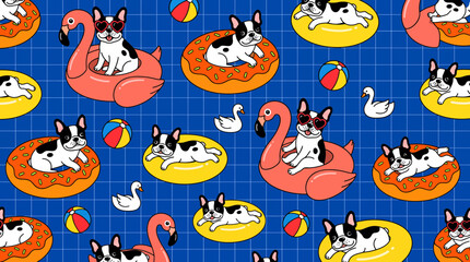 Fototapeta premium Cute cartoon French bulldogs on colorful pool floats with sunglasses over blue grid background pattern, representing summer vacation vibes and illustrating playful pet lifestyle concepts
