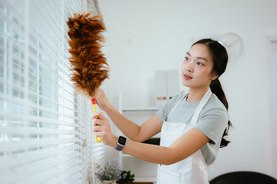 Young woman dusting window blinds with a feather duster in a bright modern living room, keeping her home clean and fresh.
