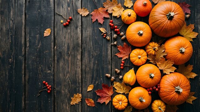Autumn harvest pumpkins and fall leaves on rustic dark wooden background