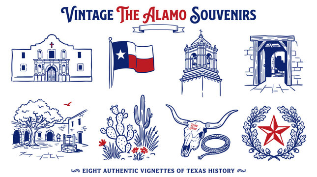 Vintage Texas history vignettes and San Antonio Alamo souvenir icons, hand-drawn retro graphic illustrations for t-shirt design and travel branding.