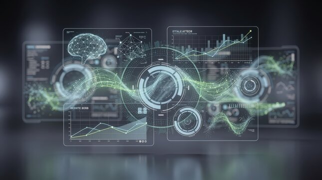 A futuristic digital interface displays neural network data, graphs, and charts, symbolizing advanced AI and brain activity analysis.