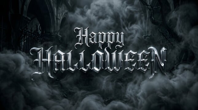 Happy halloween silver metallic text with gothic typography on a dark misty background