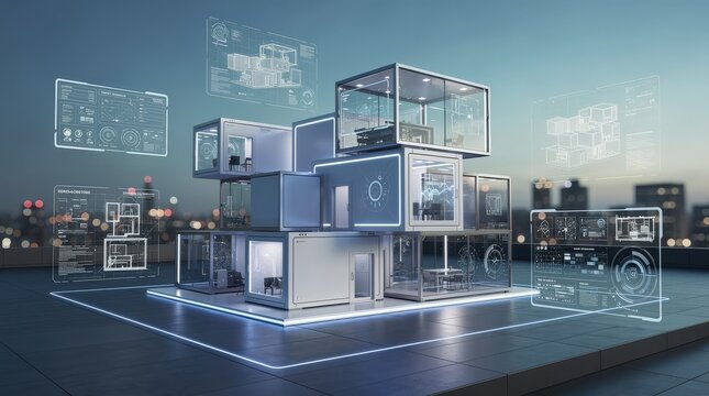 A futuristic digital architectural model displaying transparent holographic blueprints and data overlays of a modern, multi-level building on a rooftop at dusk.