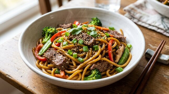 Delicious steaming bowl of beef and noodle stir fry with fresh vegetables