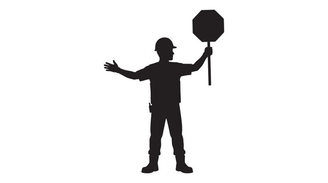 Flagger Holding Stop Sign Black Silhouette traffic