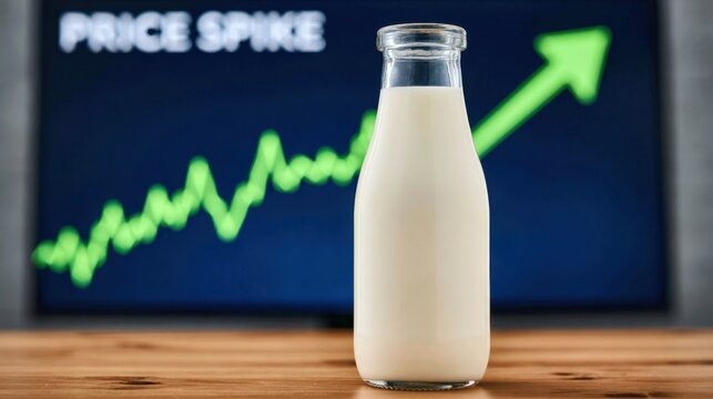 Glass bottle filled with fresh white milk in front of rising green arrow graph symbolizing increase in price and inflation in the dairy market business