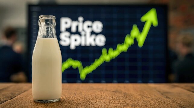 Glass bottle filled with milk standing on wooden table in front of digital screen displaying rising chart and phrase indicating rapid increase of price spike