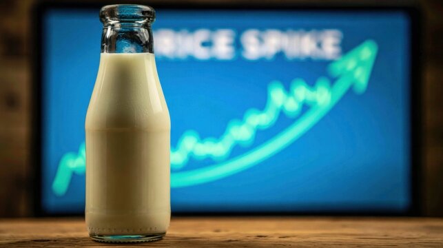 Glass bottle filled with fresh milk placed on wooden surface with blurred background showing upward graph arrow indicating price increase spike concept in blue screen