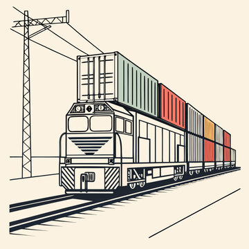 Freight train locomotive pulling cargo containers on rails with locomotive container logistics