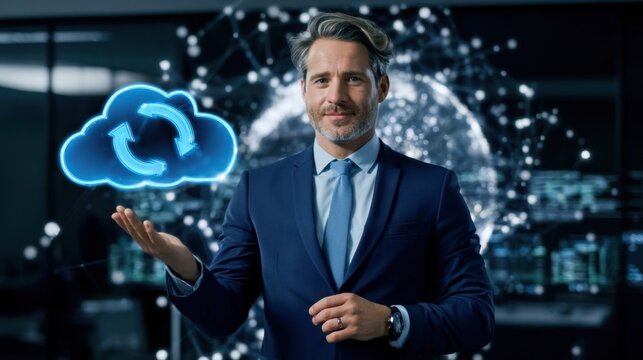 Confident businessman in suit holding virtual cloud sync icon with digital network globe background technology concept for data storage and online connection