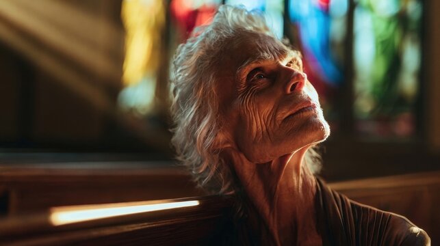 Thoughtful elderly woman with white hair sitting inside church pew looking upward with hopeful expression in warm natural light from stained glass windows