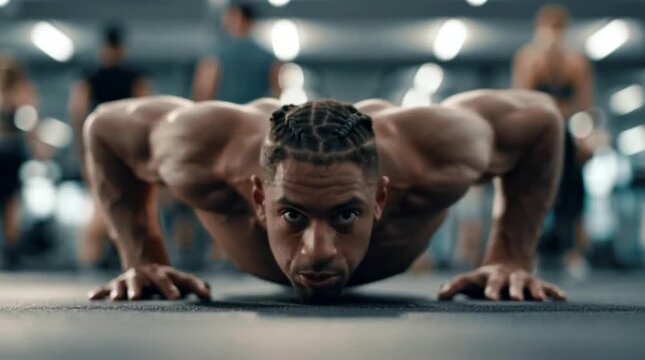Muscular man doing push-ups in gym.