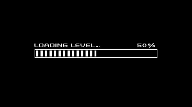 Retro Pixel Loading Level Progress Bar Animation From 0 Percent To 100 Percent With 9 Percent Indicator On Black Background Classic Arcade Game Interface