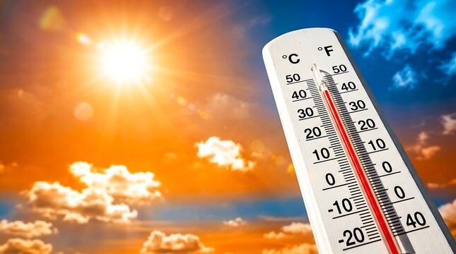 Thermometer showing high temperature in sunlight. Outdoor heatwave measurement with rising mercury levels. Summer weather monitoring tool for healt...