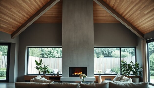 Modern living room, cozy interior, fireplace, vaulted wood ceiling, gray walls