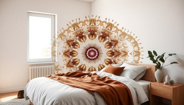 Boho Chic Bedroom, Mandala Headboard, White and Orange Decor, Cozy Interior Design