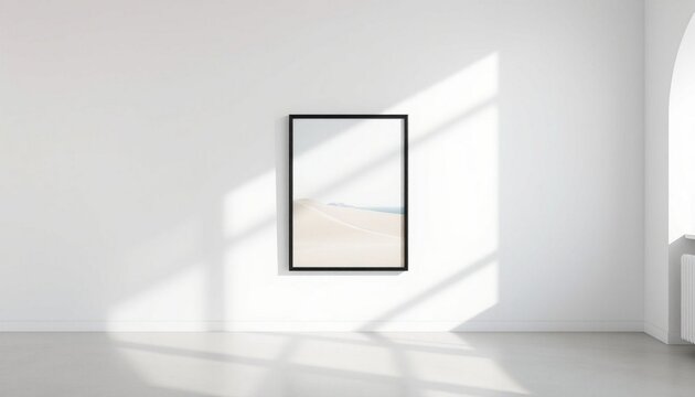 Empty room, white walls, framed picture, minimalist interior, modern decor