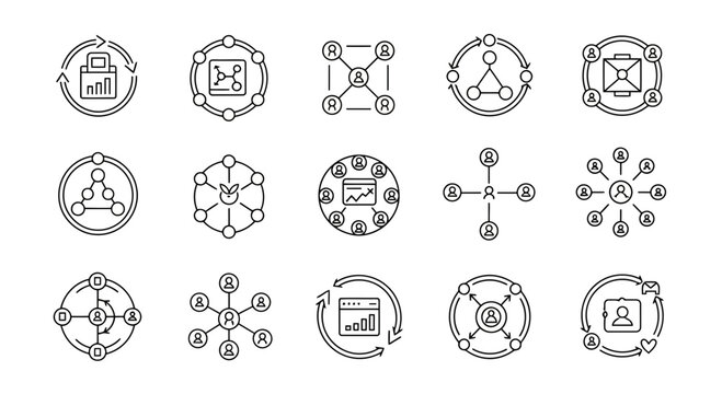 Collection of business networking and teamwork icons.