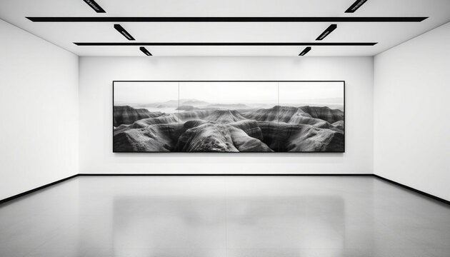 Modern art gallery interior, large black and white landscape photo, minimalist decor, empty room