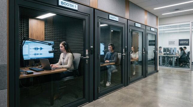 People recording audio in soundproof booths and office environment