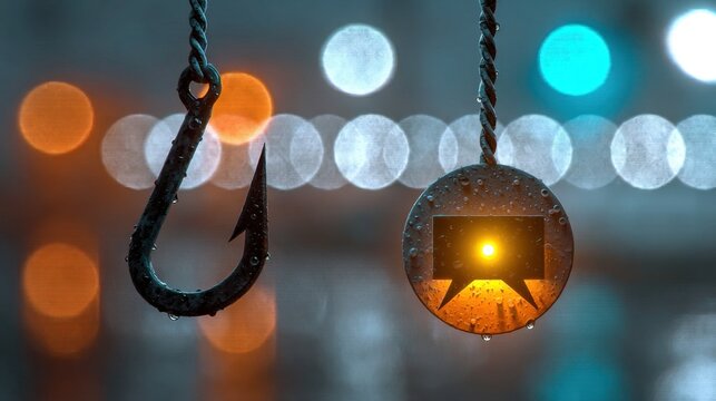 Close-up of metal fishing hook and spherical glass pendant with glowing light reflection and water droplets against abstract blurred colorful night light background