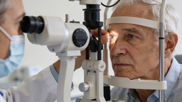 Senior man undergoing detailed eye examination with advanced medical equipment in clinic