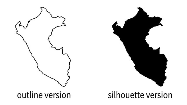 Peru Outline and Silhouette: A visual representation of Peru's national territory, presented in both an outline and a solid silhouette version, perfect for cartographic or graphic design purposes.