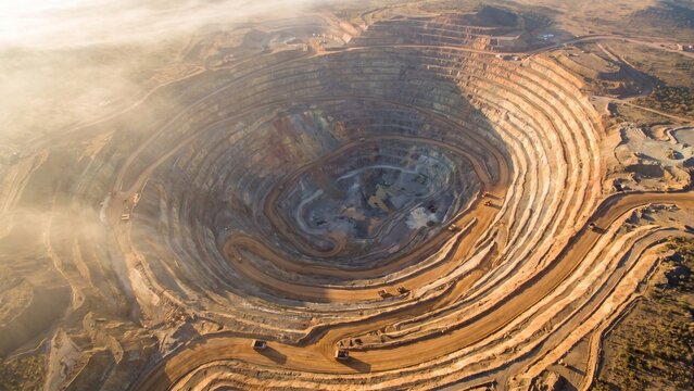 Aerial View of a Deep Open Pit Mine with Heavy Duty Dump Trucks