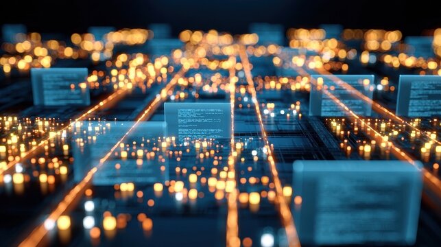 Abstract futuristic digital data network with glowing connection nodes and transparent overlay screens representing technology and information exchange concept