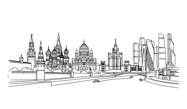 Moscow skyline panorama continuous one line vector illustration for travel wall decor and city art