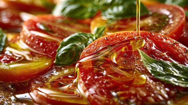 Fresh tomatoes and basil drizzled with olive oil for gourmet cooking