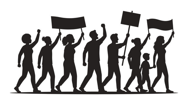 Protest, demonstration, people marching, black silhouettes, activism, protest signs, vector icons vector