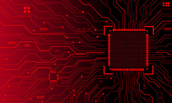 Futuristic Red AI Microchip Processor Circuit Board Background with Digital PCB Technology, Cyber Security CPU Architecture, Semiconductor Motherboard, High-Tech Computing Network Concept
