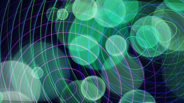 Glowing green circles and colorful lines intersect in a mesmerizing pattern on a dark background with technology elements., abstract moving pattern background
