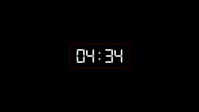 5 minute to 0 minute countdown in 1 minute, 5 min countdown animation on transparent background, five minute countdown in 4k with alpha channel.