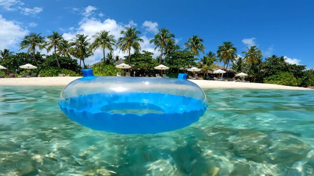 Relaxing blue inflatable ring floats in crystal clear tropical ocean water by a pristine beach with palm trees.