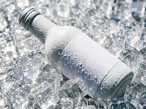 Chilled beverage bottle in ice cubes refreshing drink concept